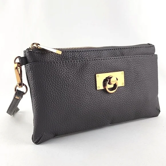 Love & Lore Wristlet Clutch Dark Grey Gold Tone Hardware Top Zip Closure - Picture 1 of 16